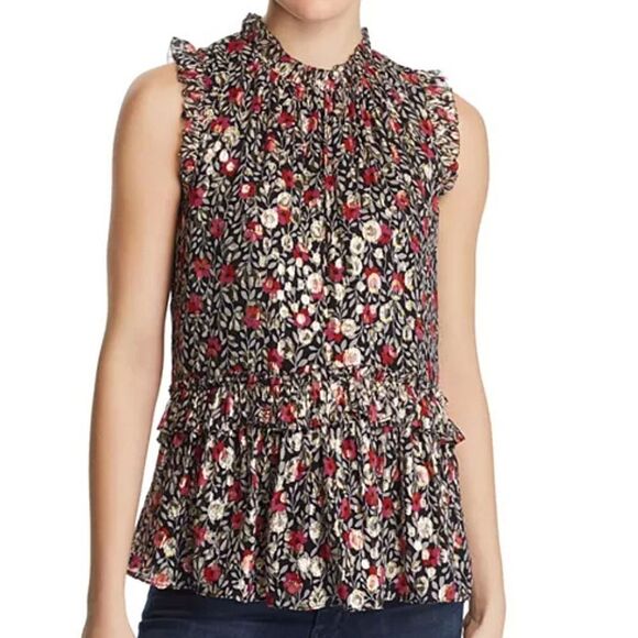 Kate Spade Silk Ruffle Metallic Floral Top Holiday Peplum - Picture 16 of 16